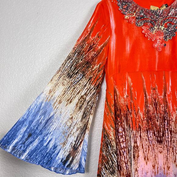 A. B Collection Womens Size Medium Orange Blue Beaded Asymmetric Tunic Blouse - Picture 3 of 8